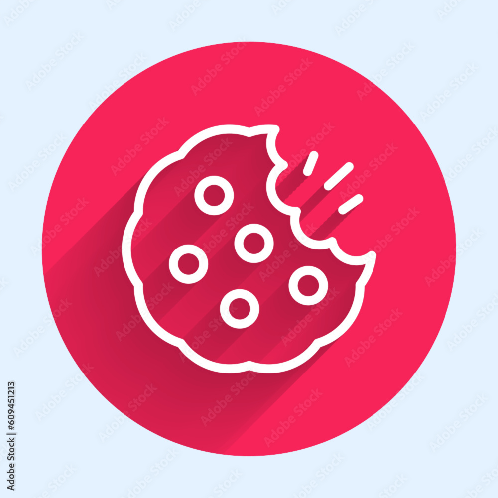 White line Cookie or biscuit with chocolate icon isolated with long shadow background. Red circle button. Vector White line Cookie or biscuit with chocolate icon isolated with long shadow background. Red circle button. Vector
