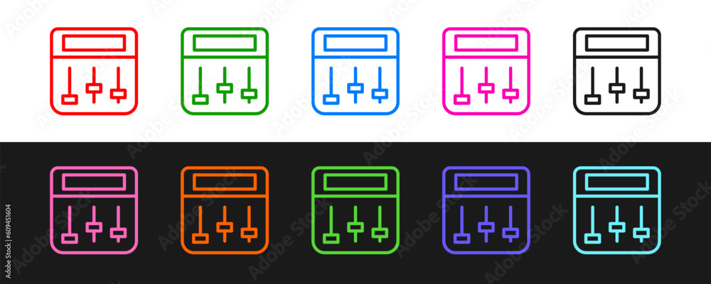 Set line Drum machine music producer equipment icon isolated on black and white background. Vector