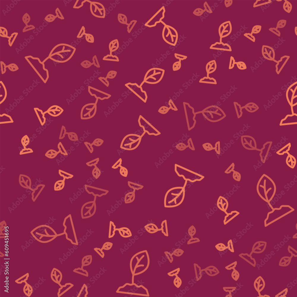 Brown line Sprout icon isolated seamless pattern on red background. Seed and seedling. Leaves sign. Leaf nature. Vector Brown line Sprout icon isolated seamless pattern on red background. Seed and seedling. Leaves sign. Leaf nature. Vector