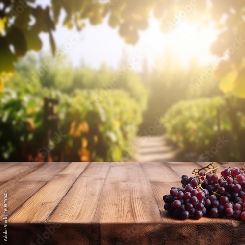 wooden empty table for mock up against blurred background with french vineyard. Ai Generative