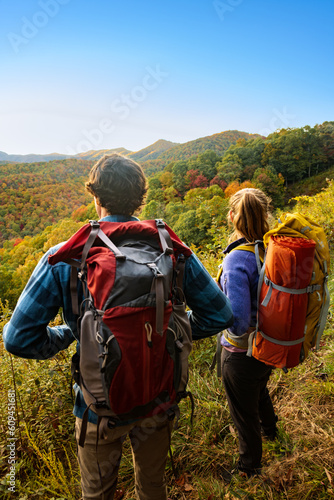 A couple backpacking near the Blue Ridge Parkway in autumn, Pisgah North Carolina