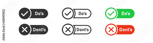 Do's and dont's advice badge icon on light background. Green correct,red mistake symbol. Interview, ui, test result. Outline, flat and colored style. Flat design. Vector illustration