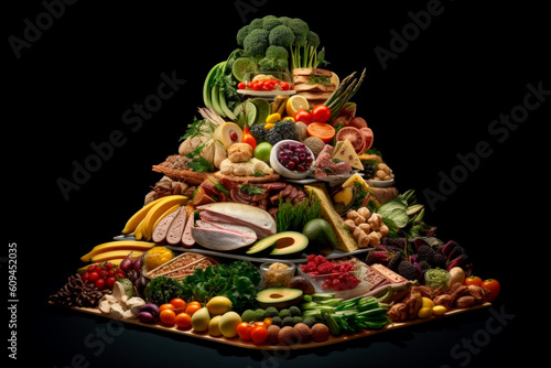 Food pyramide, healthy food, vegetables, fruits, generative ai