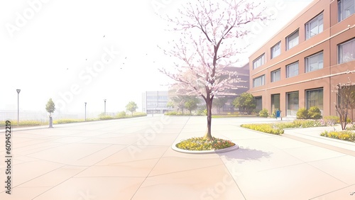 The atmosphere in front of a high school or university building summer school opening watercolor background by generative ai