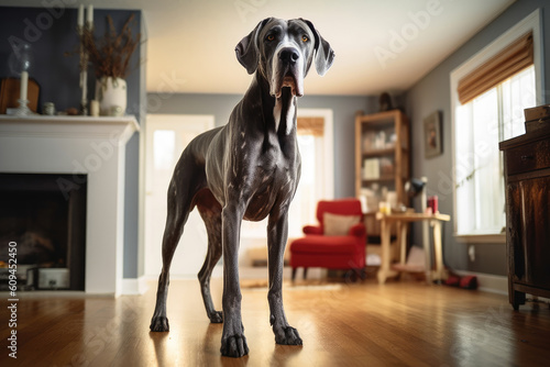 Great Dane in a household. Generative AI photo