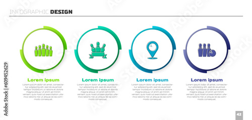 Set Bowling pin, , Location with bowling ball and and. Business infographic template. Vector