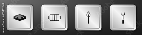 Set Steak meat, Barbecue grill, Burning match with fire and fork icon. Silver square button. Vector