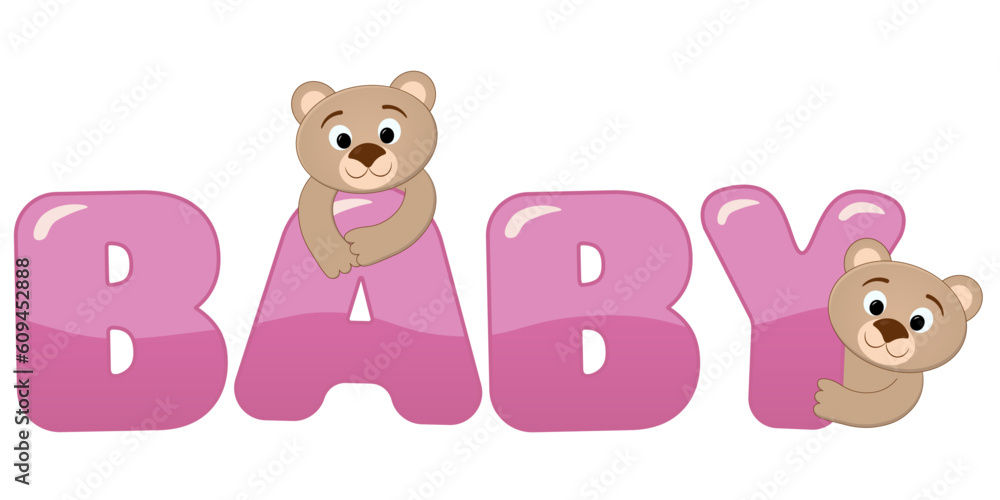 Obraz premium Vector illustration for children of two cartoon, funny, nosy bears, peeking out from behind a pink colorful text 