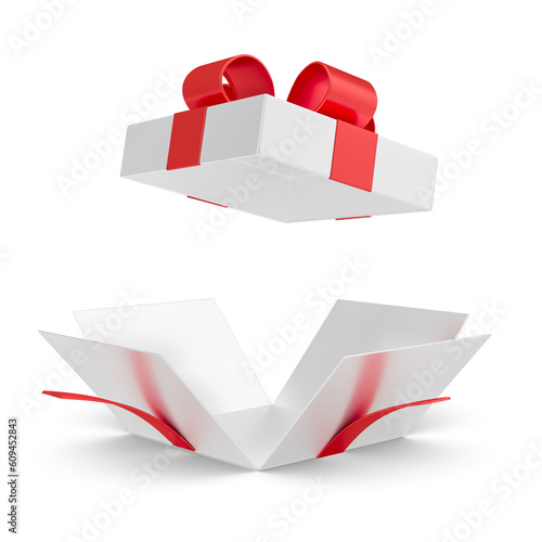 open gift box with white ribbon 3d rendering
