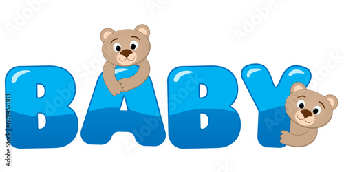 Vector illustration for children of two cartoon, funny, nosy bears, peeking out from behind a blue colorful text "Baby" with glares, on white background, for your design, toys, cards