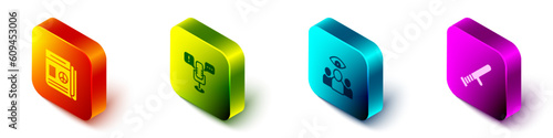 Set Isometric News, Freedom of speech, Spy, agent and Police rubber baton icon. Vector