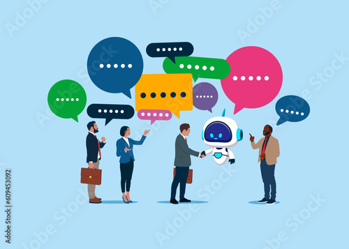 Business people and robot  discussing work in meeting with speech bubbles. Discussion, conversation, meeting, team communication, opinion. Flat vector illustration.