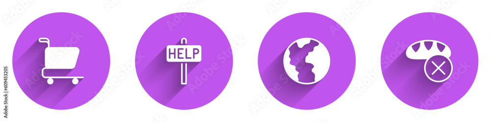 Set Shopping cart, Ask for help text, Global economic crisis and Donation food icon with long shadow. Vector Set Shopping cart, Ask for help text, Global economic crisis and Donation food icon with long shadow. Vector