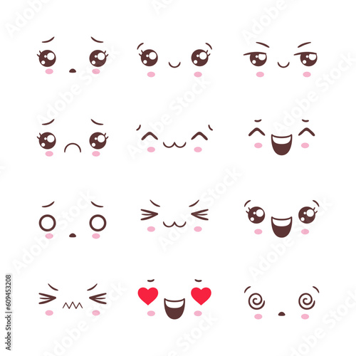 Vector set of cute doodle emoticons with facial expressions. Faces with emotions in anime style. Kawaii emoji icons.