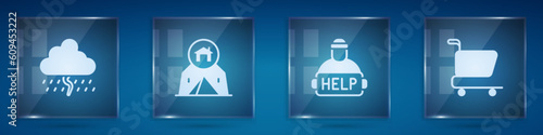 Set Cloud with rain, Tourist tent, Help homeless and Shopping cart. Square glass panels. Vector