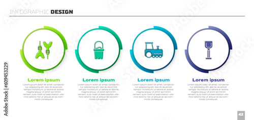 Set Dart arrow, Sand in bucket, Toy train and Shovel toy. Business infographic template. Vector