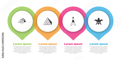 Set Village landscape, Louvre glass pyramid, Eiffel tower and Fleur De Lys. Business infographic template. Vector