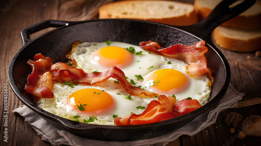 Bacon and eggs in a pan. Composition with tasty fried eggs and bacon on wooden table. Bacon and eggs in a pan. Composition with tasty fried eggs and bacon on wooden table.