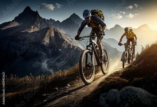 Athletes on bicycles ride on a trail in the background a mountain range. AI Generated