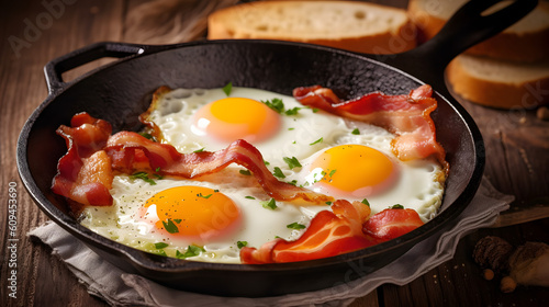 Bacon and eggs in a pan. Composition with tasty fried eggs and bacon on wooden table.