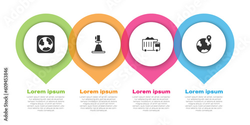 Set Earth globe, Tacheometer, theodolite, Mining dump truck and Location on. Business infographic template. Vector