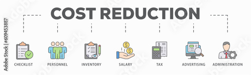 Cost reduction banner web icon vector illustration concept with icon of checklist, personnel, inventory, salary, tax, advertising and administration