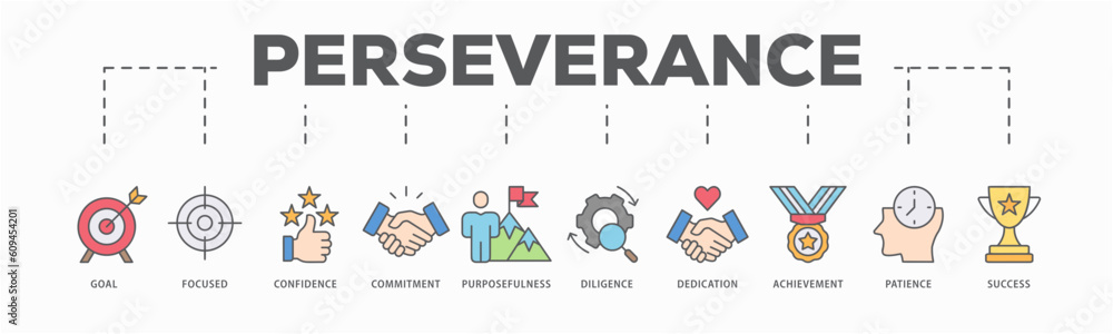 Perseverance banner web icon vector illustration concept with icon of goal, focused, confidence, commitment, purposefulness, diligence, dedication, achievement, patience and success Perseverance banner web icon vector illustration concept with icon of goal, focused, confidence, commitment, purposefulness, diligence, dedication, achievement, patience and success