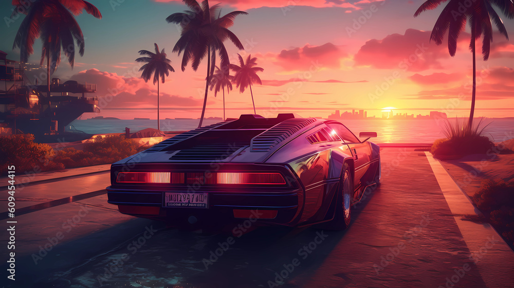 Retro Odyssey: Sportscar Journey on Highway with Ocean Views, Sunset, and Cityscape in Retrowave Style