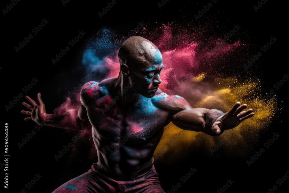 Black bald man ballet dancer jumping with multi color powder spreading in the background. AI generative art