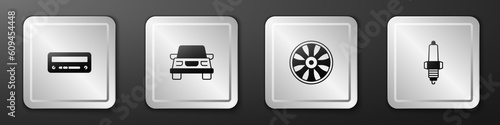 Set Car audio, Alloy wheel for car and spark plug icon. Silver square button. Vector