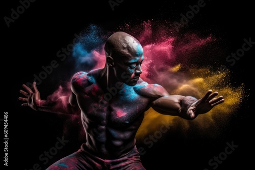Black bald man ballet dancer jumping with multi color powder spreading in the background. AI generative art
