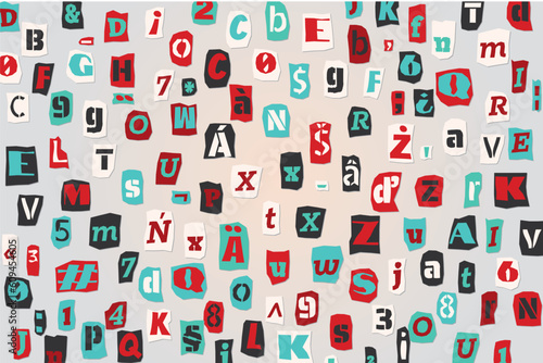 Color ransom collage style letters numbers and punctuation marks cut from newspapers and magazines background. Vintage ABC collection. Red, white, black and azure punk alphabet Vector illustration