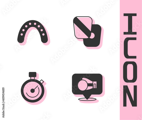 Set Boxing glove, Mouth guard boxer, Stopwatch and training paws icon. Vector