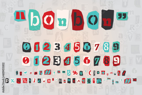 Color ransom collage style letters numbers and punctuation marks cut from newspapers and magazines. Vintage ABC collection. Red, white, black and azure punk alphabet Typography vector illustration