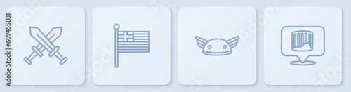 Set line Crossed medieval sword, Helmet with wings, Greece national flag and Ancient column. White square button. Vector