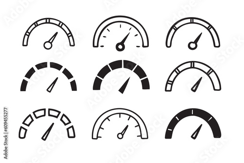 hand drawn doodle Speedometer, tachometer icon collection. Speed indicator sign set. 
