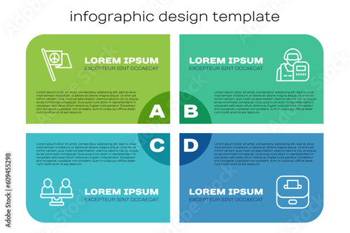Set line Gender equality, Peace, Vote box and Police officer. Business infographic template. Vector