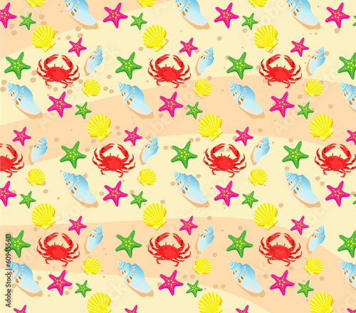 Pattern with colored shells, starfish and crabs in cartoon style