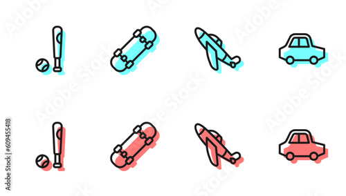 Set line Toy plane, Baseball bat with ball, Skateboard and car icon. Vector