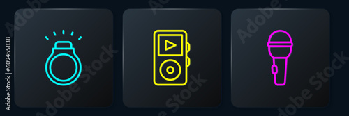 Set line Diamond ring, Microphone and Music player. Black square button. Vector