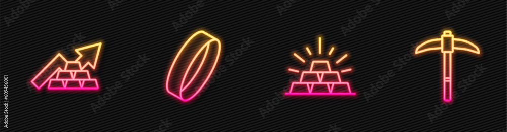 Set line Gold bars, Growth arrow with gold, ring and Pickaxe. Glowing neon icon. Vector Set line Gold bars, Growth arrow with gold, ring and Pickaxe. Glowing neon icon. Vector
