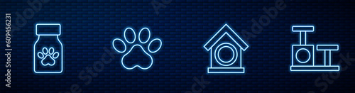 Set line Dog house, Medicine bottle and pills, Paw print and Cat scratching post with toy. Glowing neon icon on brick wall. Vector
