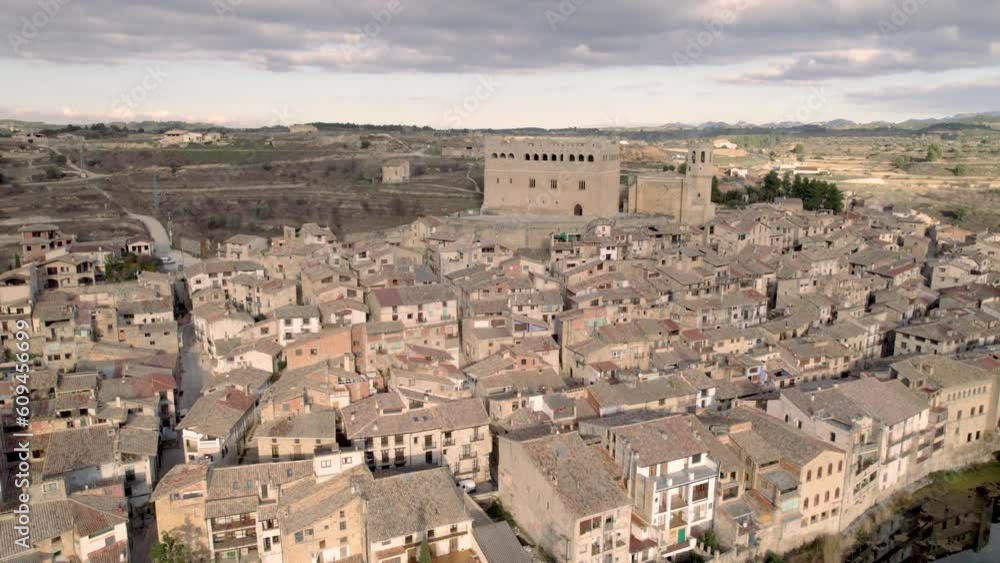 Slow lateral aerial view of the Medieval village of Valderrobres and its castle on top in Matarrana Region, Teruel, Spain Slow lateral aerial view of the Medieval village of Valderrobres and its castle on top in Matarrana Region, Teruel, Spain