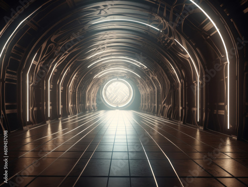 Abstract futuristic tunnel corridor with glowing lights and reflections Science fiction style Created with Generative AI technology © Denis Darcraft
