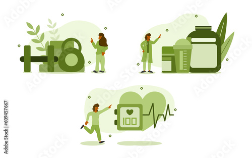 weight loss illustration set. characters lost weight through weight training and cardio. after that, supplement the protein with whey protein, own body care concept. vector illustration.