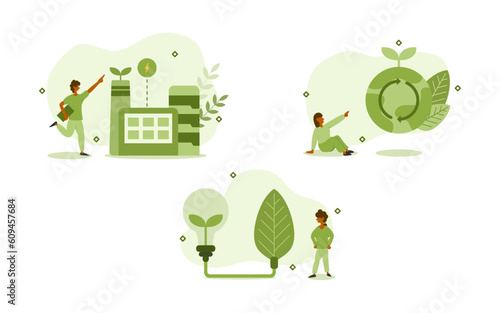 sustainability illustration set. sustainable clean energy industry. renewable green electricity and world health. clean energy source concept. vector illustration.