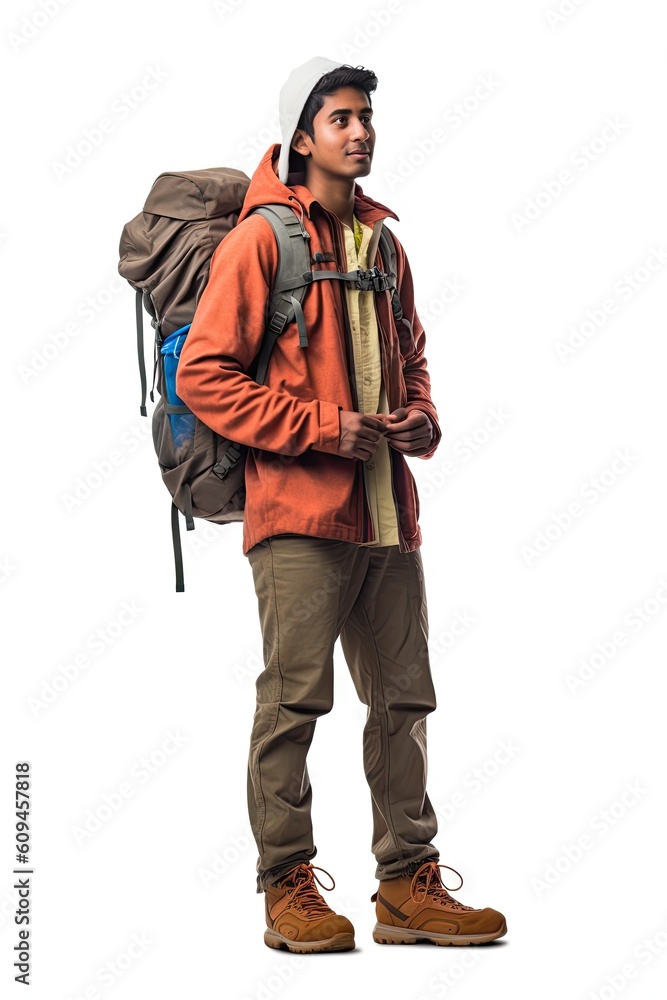 Young Indian college boy with a small bag hiker walking isolated white background generative ai Young Indian college boy with a small bag hiker walking isolated white background generative ai