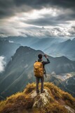 Scenic Photography Young Indian Male with Backpack Snapping a Shot on a Cloudy Mountain generative ai