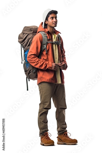 Young Indian college boy with a small bag hiker walking isolated white background generative ai