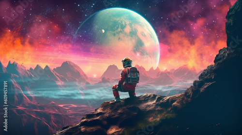 Synthwave astronaut on an alien planet looking out. IA generative.